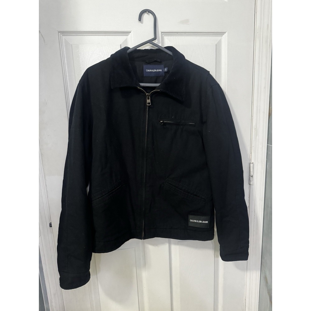 Calvin Klein Jeans Men's L Black Cotton Canvas Corduroy Collar Work Jacket Vtg